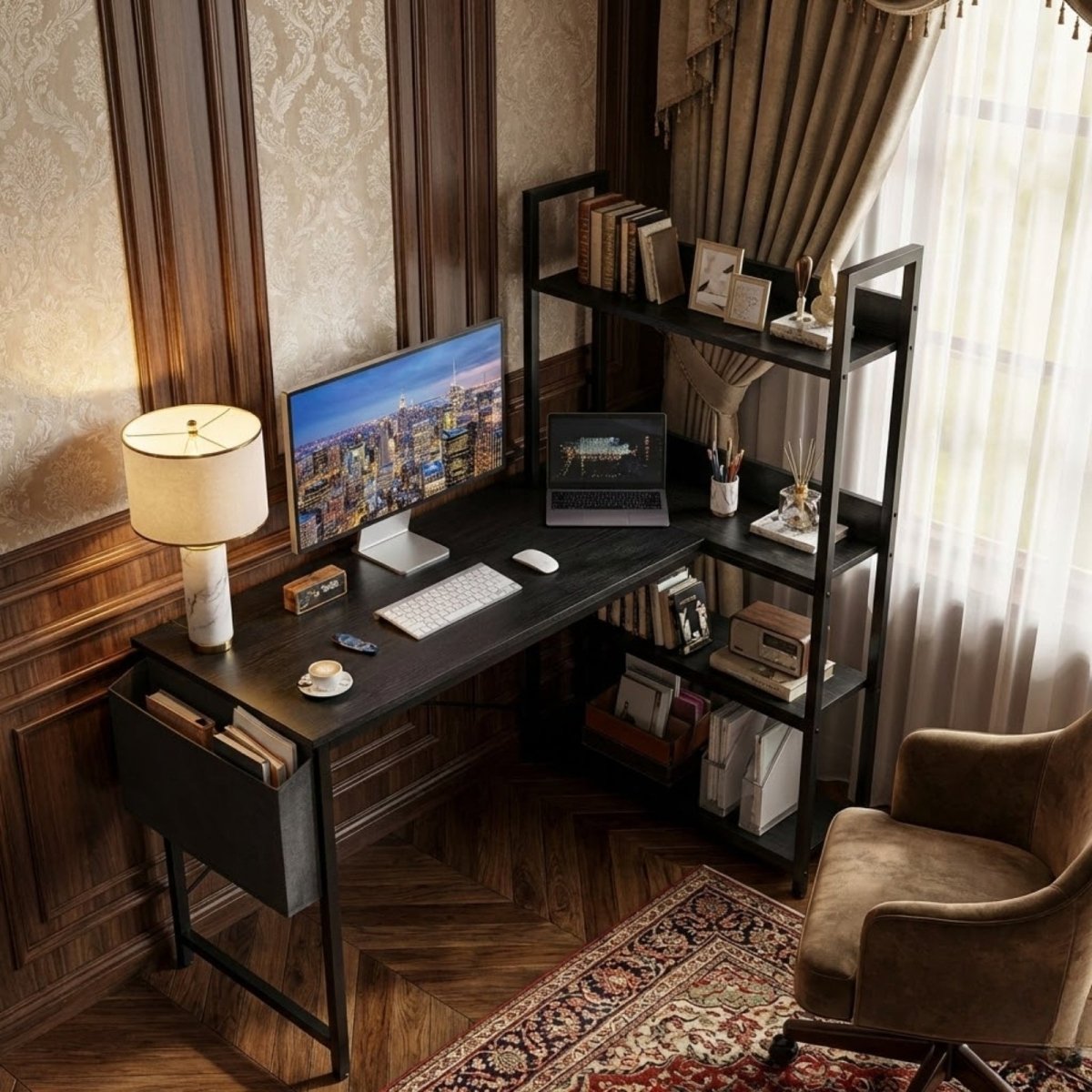 The all-black version of the Kouvr reversible L-shaped computer desk, styled in a classic, sophisticated study with dark wood paneling and a laptop.