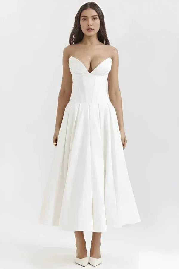 white midi dress for rehearsal dinner Corset Strapless Sweetheart Neckline A-Line Skirt Wedding or Formal Cocktail Party Kouvr Fashion Yasmine Ruched Long Sleeve Dress Bridal shower or second Long Sleeve White Western Color:OFF WHITE/BLUE/TAUPE