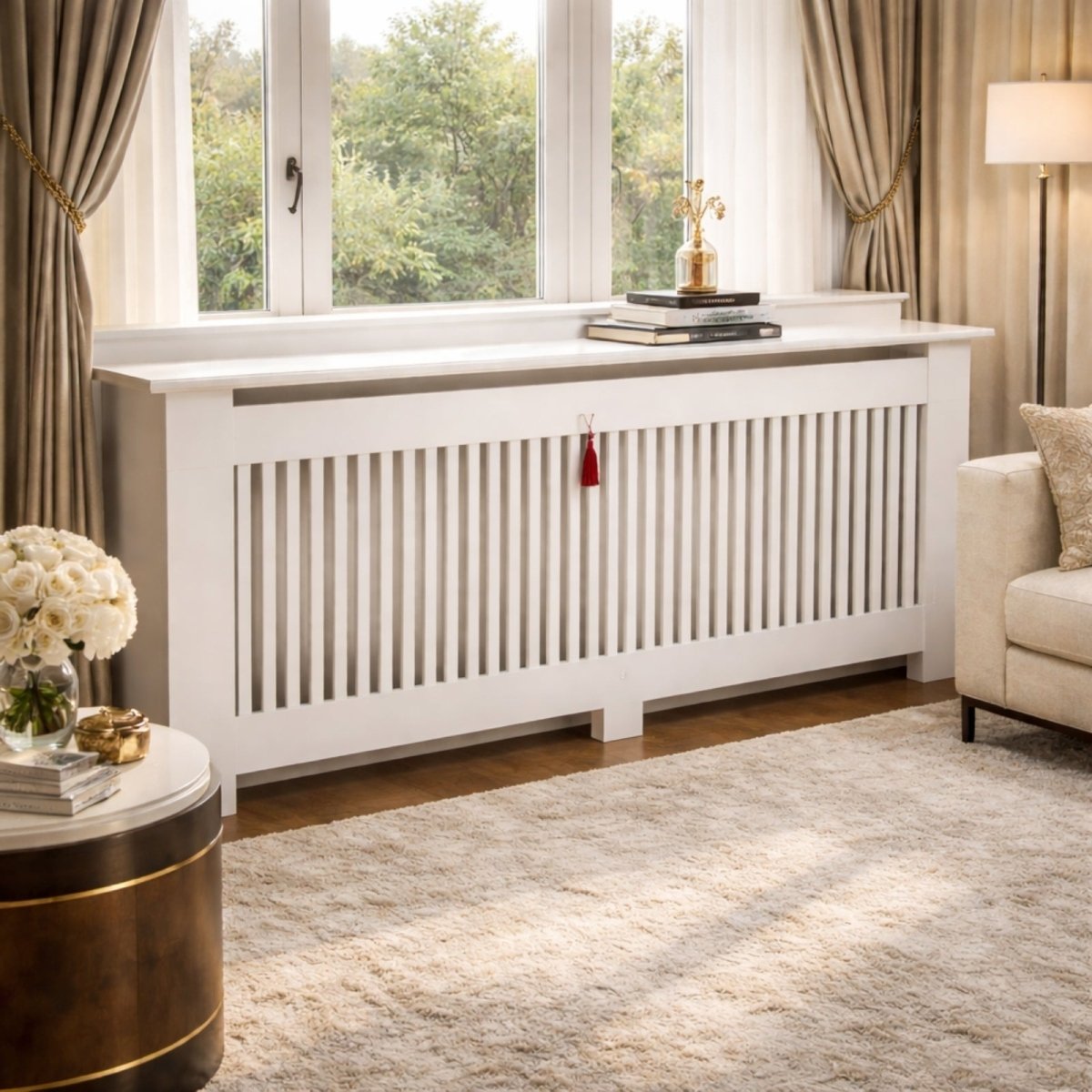Front view of a long, white radiator cabinet with slatted design in a living room, highlighting its shelf space under a window.