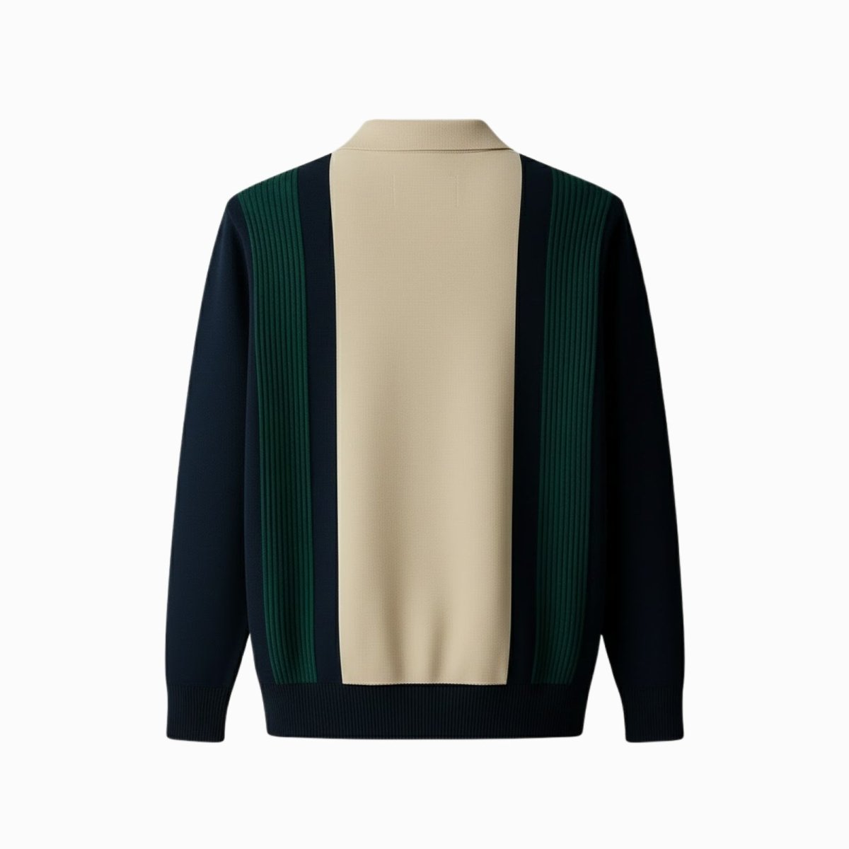 Flat lay of the back of the Kouvr Leandro men's knit polo, showing the full navy, green, and cream pattern.