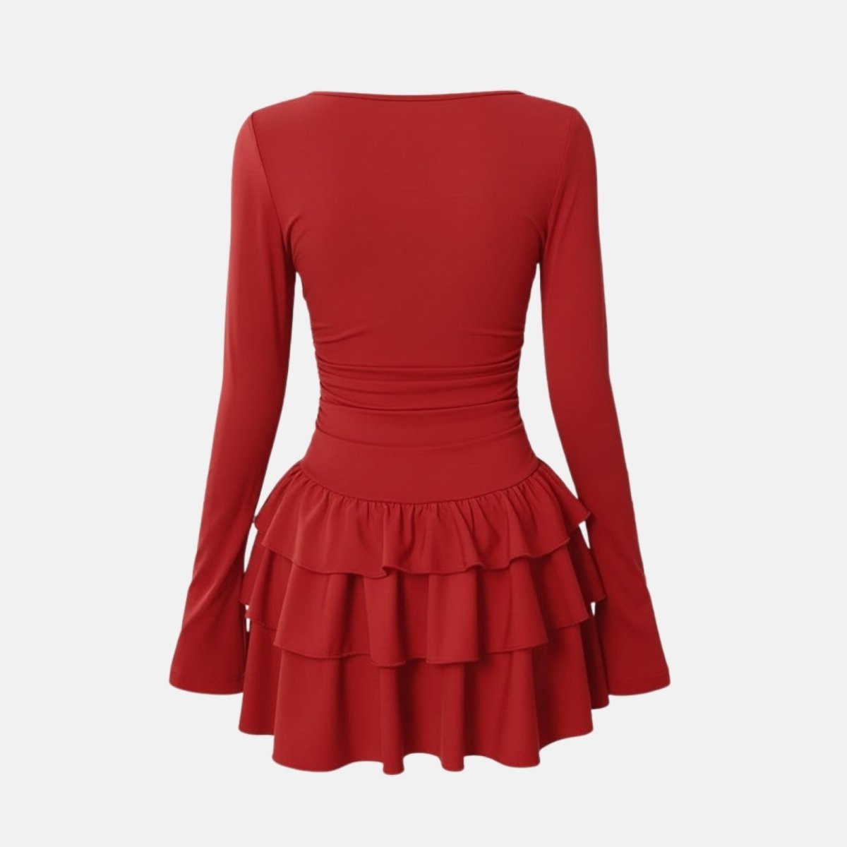 Product-only ghost mannequin shot of the back of a red long-sleeve mini dress.