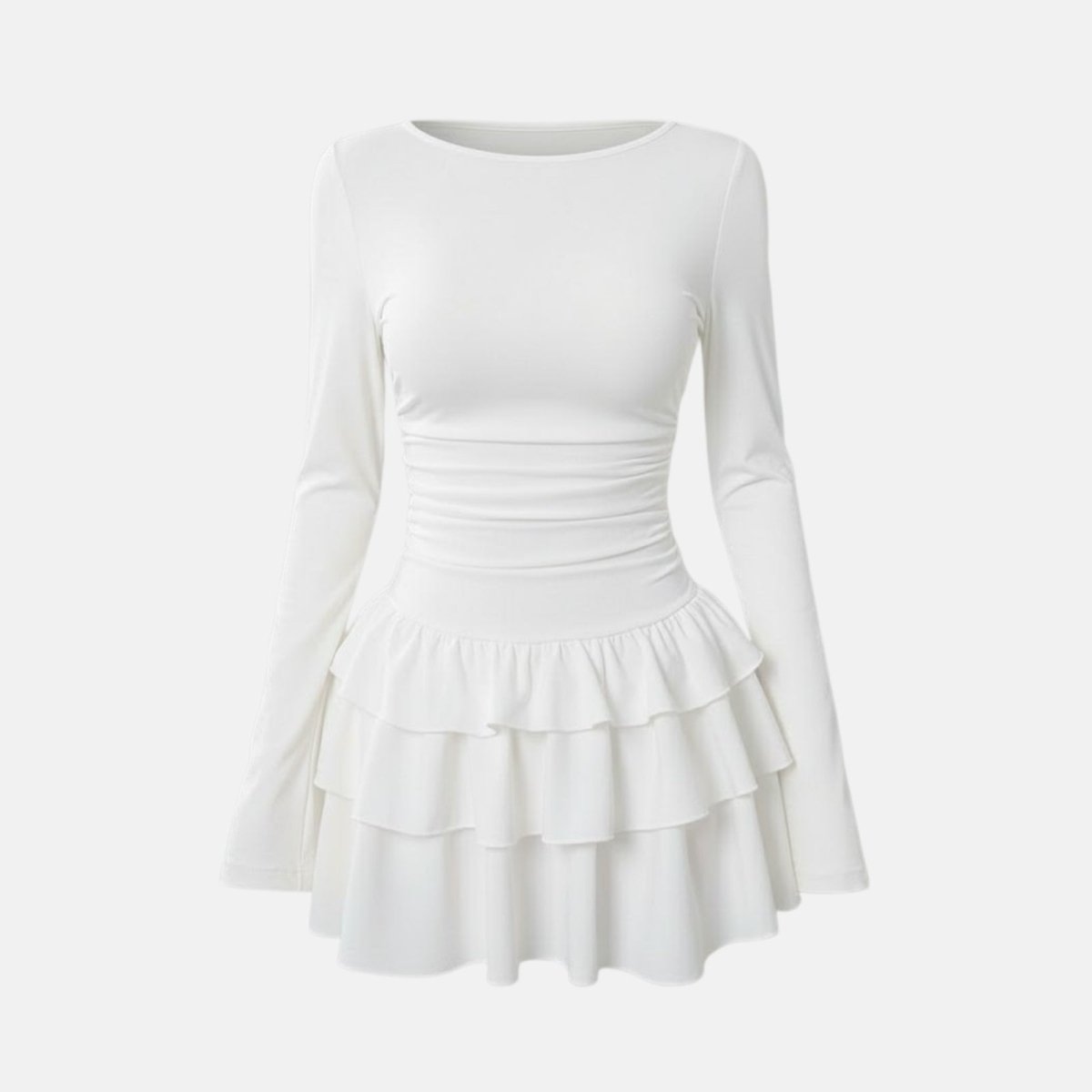 Flatlay studio shot of the front of the Kouvr Leona white long sleeve tiered ruffle mini dress.