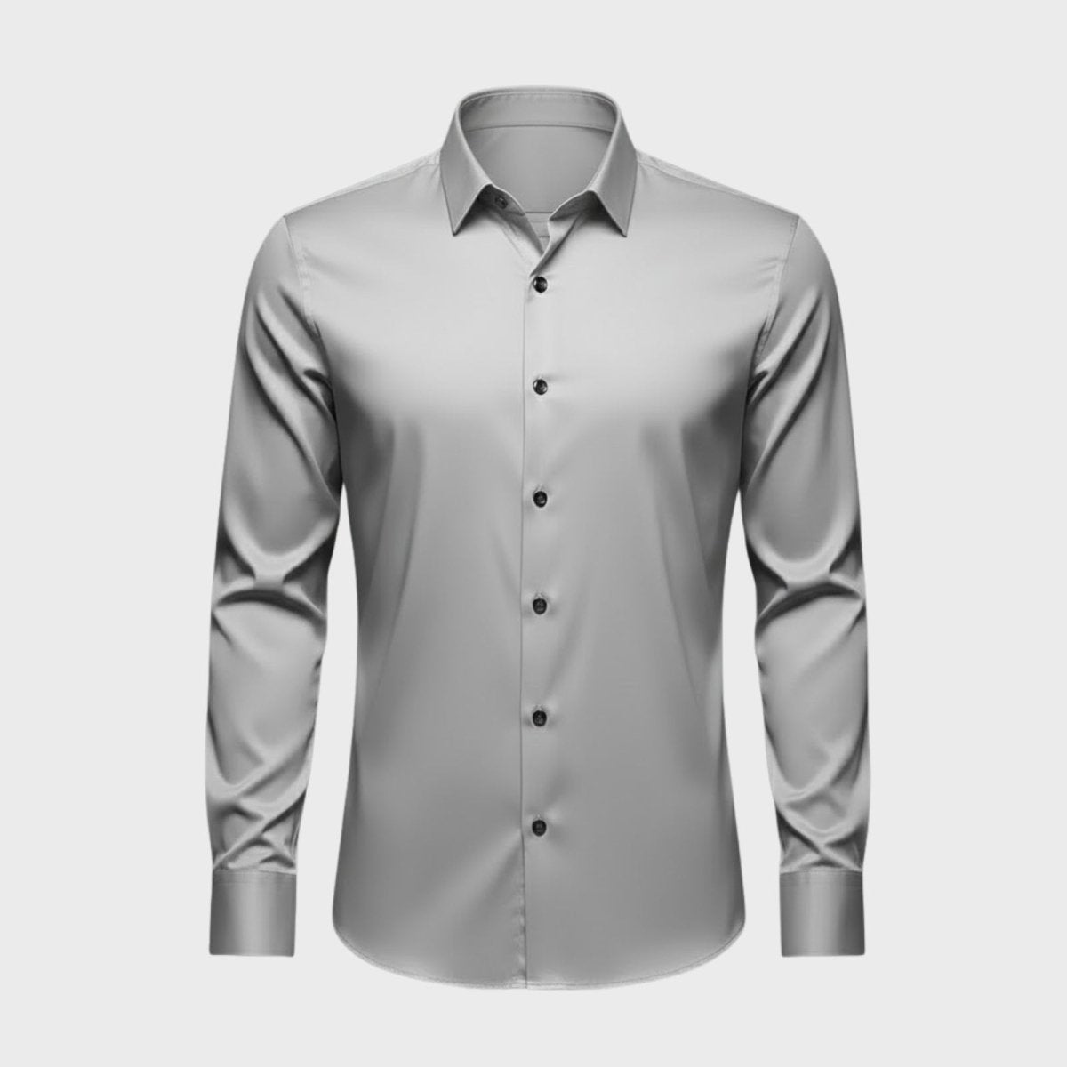Front view product shot of the Kouvr men's light grey long sleeve performance dress shirt on a white background.
