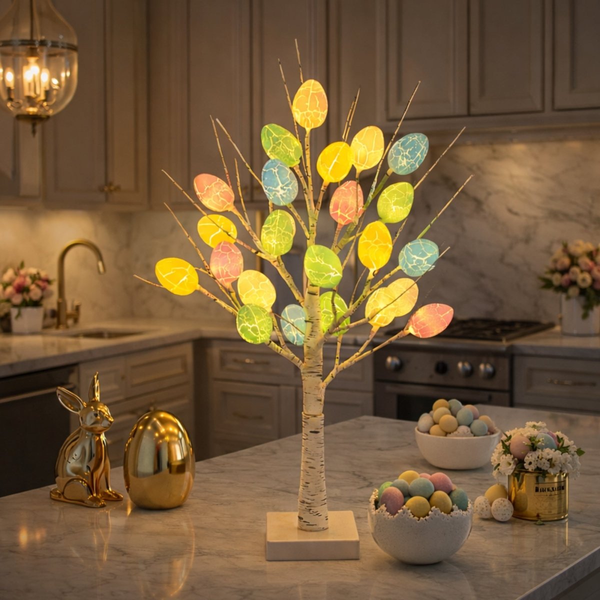 A 24-inch prelit Easter egg birch tree with glowing pastel eggs sits on a marble kitchen island, serving as a festive holiday centerpiece.