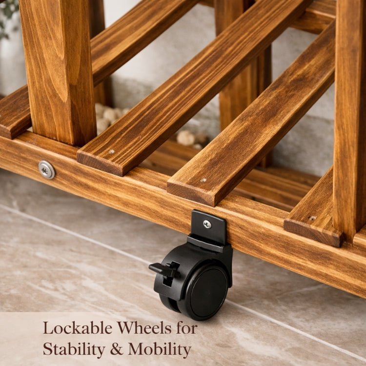 Close-up detail of a black lockable caster wheel attached to the base of a dark wood plant stand, demonstrating its mobility and stability features.