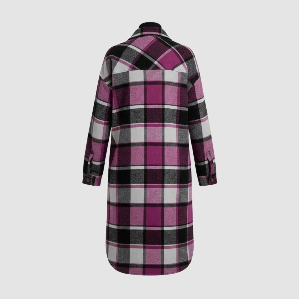 Flat lay of the back of the Kouvr grey plaid shacket, displaying the back yoke and full pattern.