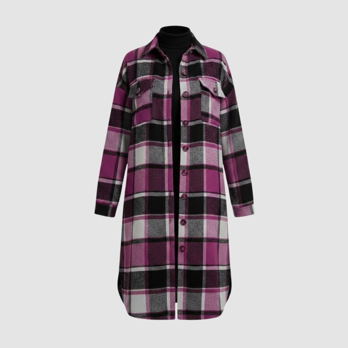 Flat lay product shot of the Kouvr long grey plaid shacket, open to show interior and button details.