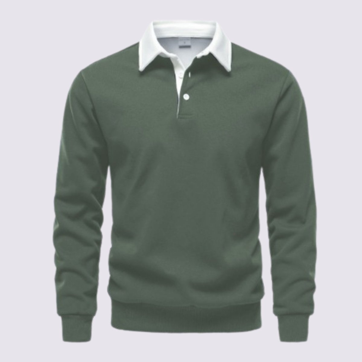 Front product shot of the Kouvr long-sleeve polo in green with a white contrast collar on a white background.