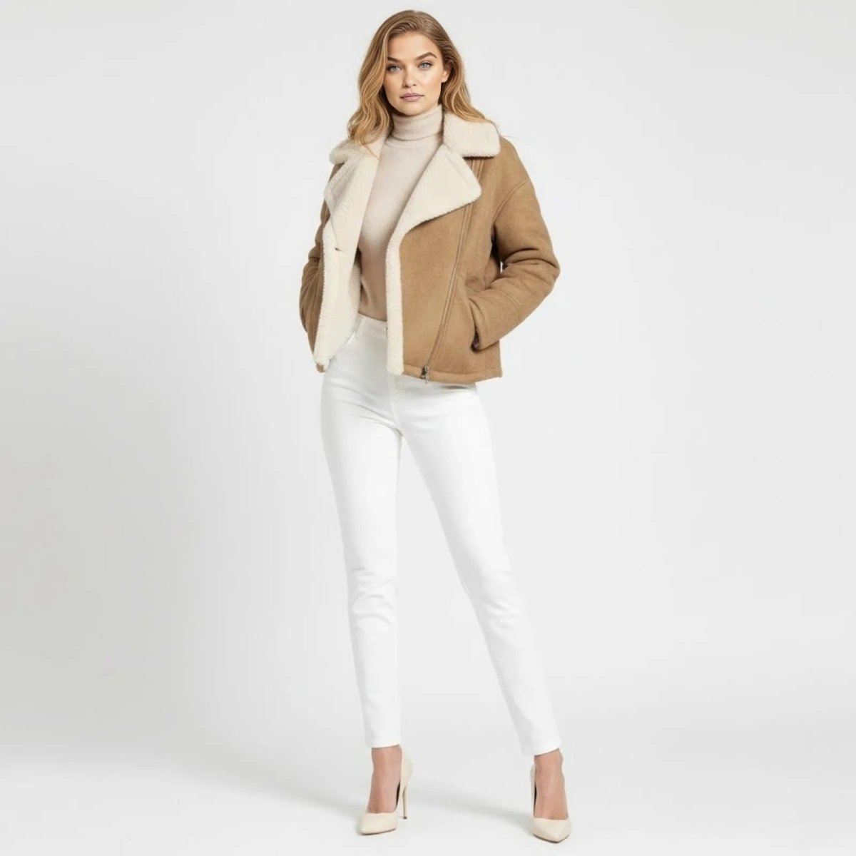 Woman wearing the Loretta Khaki shearling aviator jacket from Kouvr, styled with white jeans and a cream turtleneck, standing against a white background.