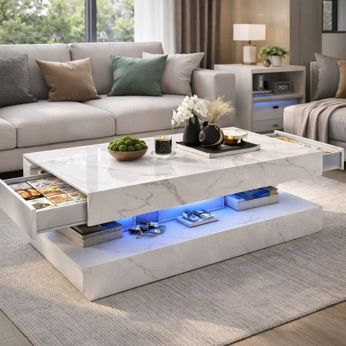 Side view of the Kouvr Lumina modern coffee table with its seamless storage drawers open, revealing ample organizational space.