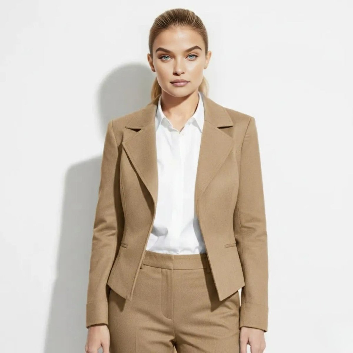 Model wearing the Kouvr Maddie tailored khaki blazer with a white shirt, showcasing the sharp, fitted silhouette for professional women's workwear.