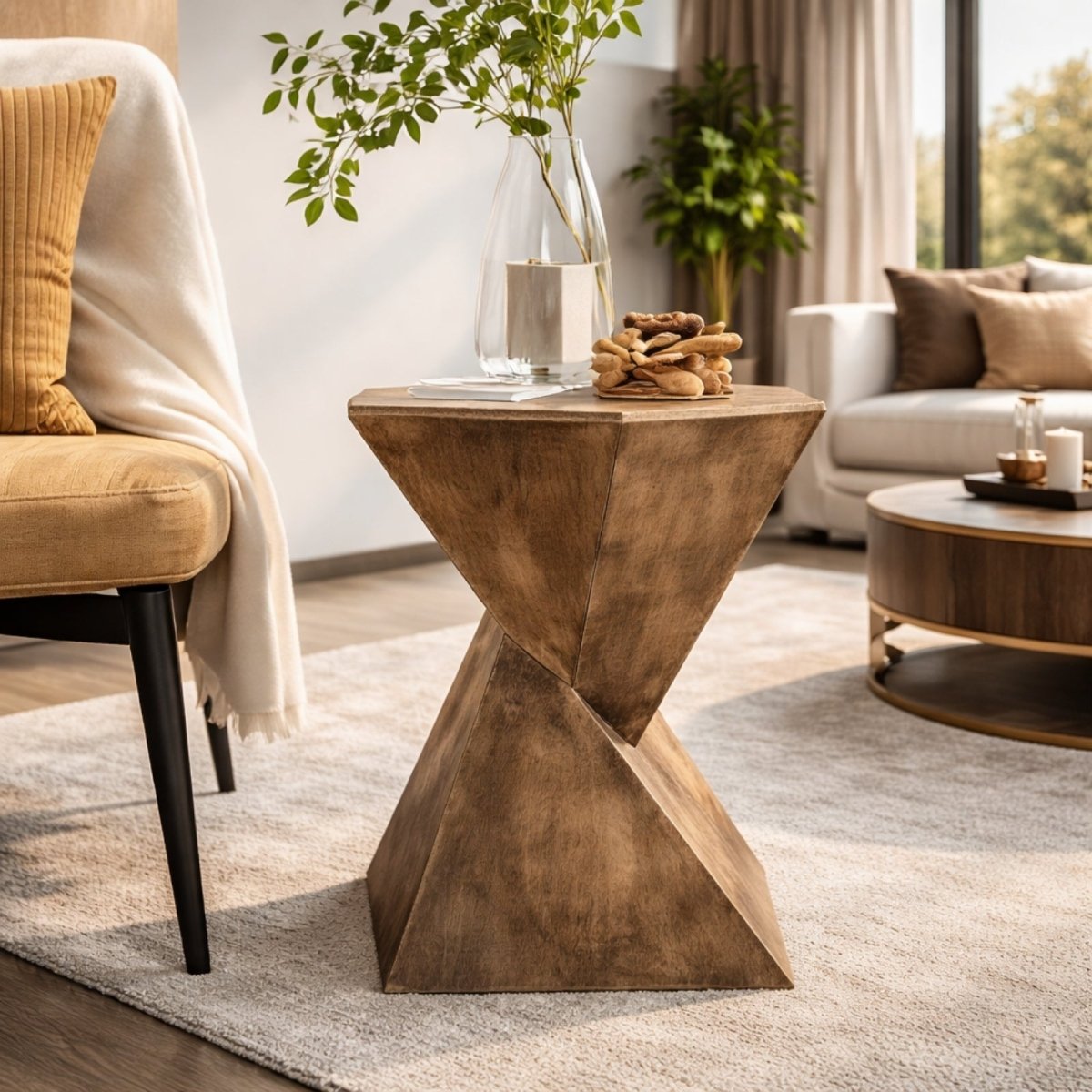 The Kouvr Martini geometric hourglass side table in a natural wood finish, styled next to a beige armchair with a vase of greenery in a bright, modern living room.