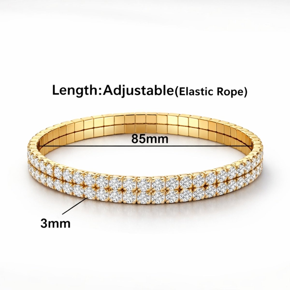 A diagram showing the Kouvr Marzanna bracelet's 85mm adjustable length and 3mm stone size.