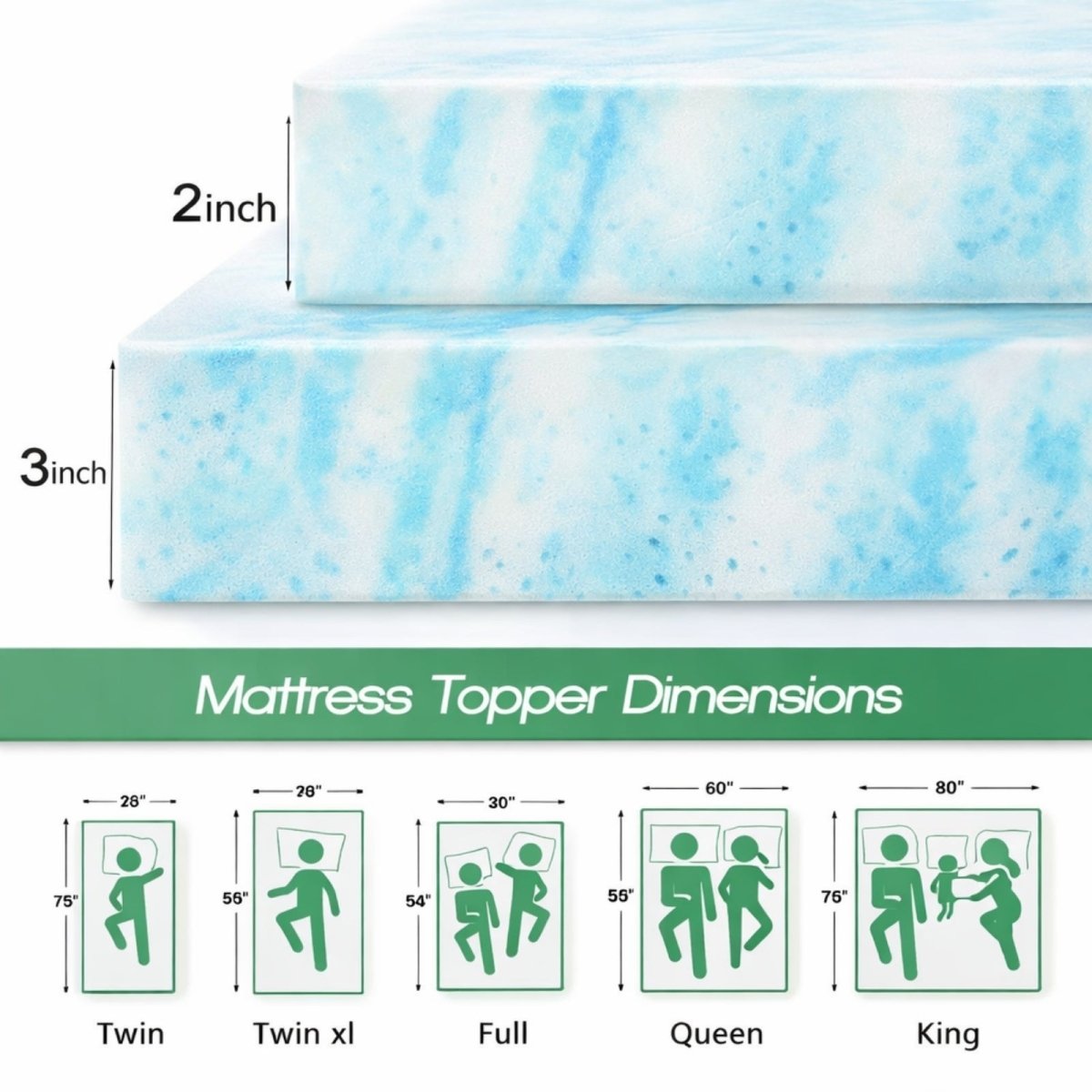 Dimension chart for Kouvr mattress toppers displaying sizes for Twin, Twin XL, Full, Queen, and King beds with sleeper diagrams.
