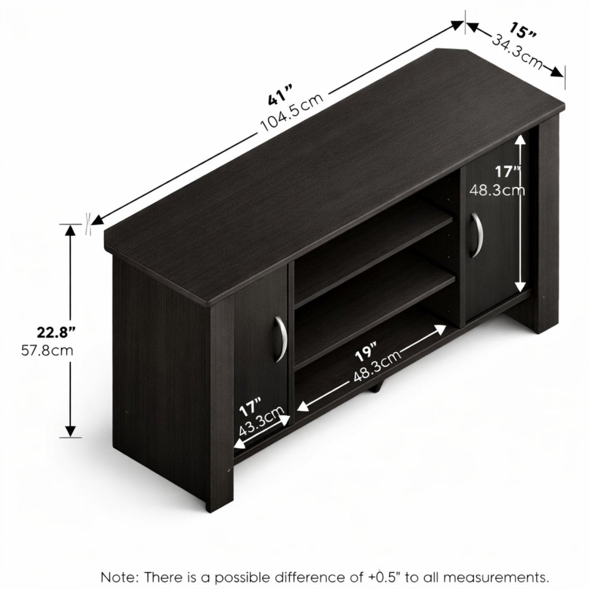A detailed dimensions diagram of the Kouvr media console, showing a width of 41 inches, height of 22.8 inches, and depth of 15 inches.