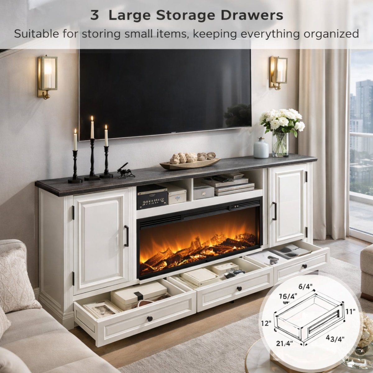 Kouvr fireplace entertainment center with all three lower storage drawers pulled open to display their capacity and dimensions.