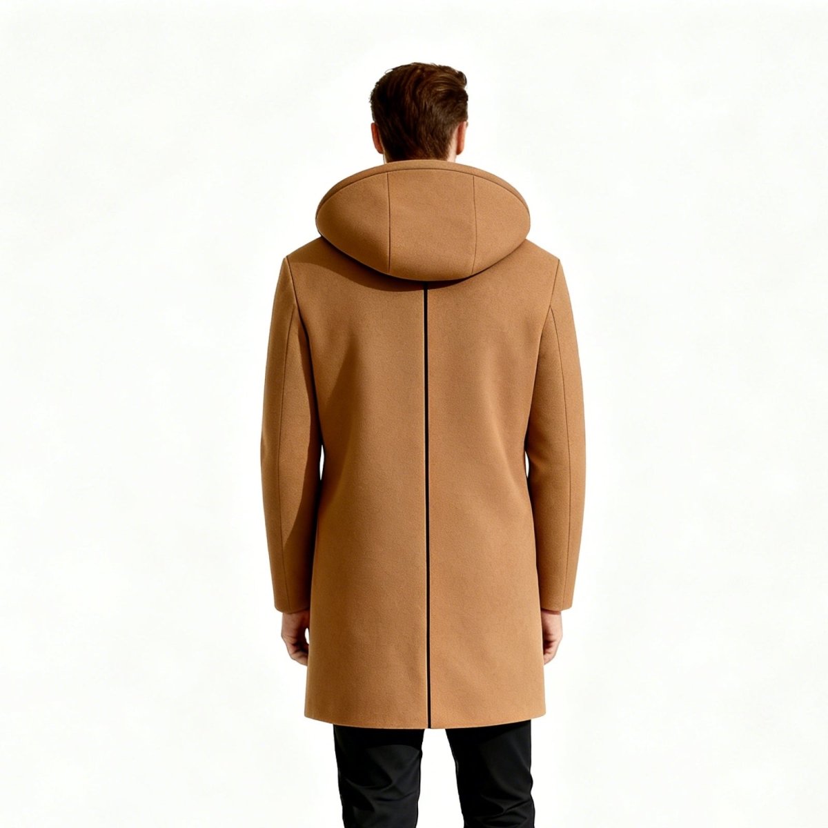 Rear view of the Kouvr men's khaki wool hooded overcoat, highlighting the central seam detail and the shape of the hood.