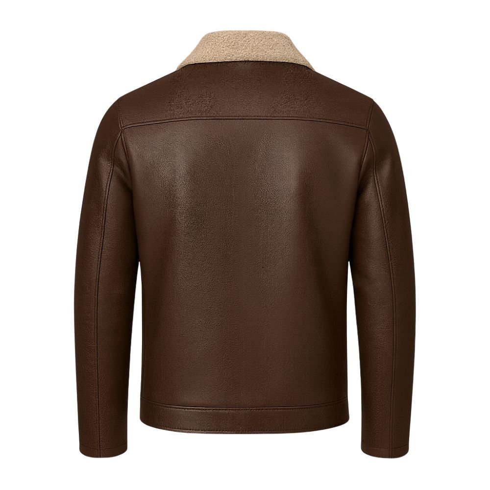 Dark Brown kouvr leather jacket with beige collar on a white background