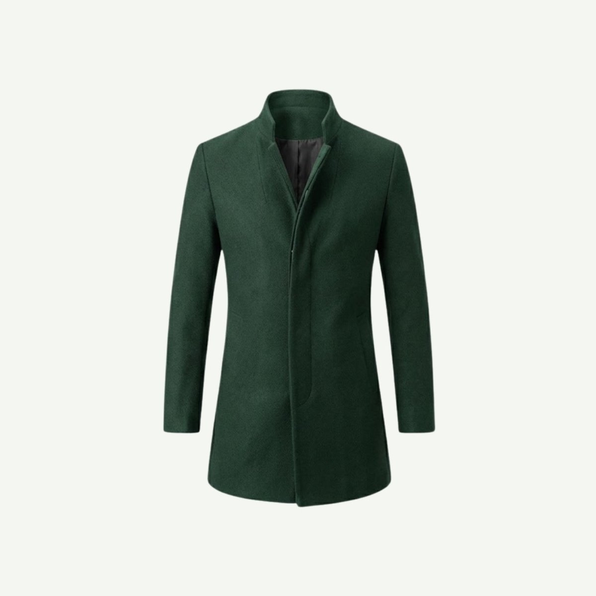 Product shot of a men's dark green funnel neck overcoat on a white background, showing the button front and minimalist design.