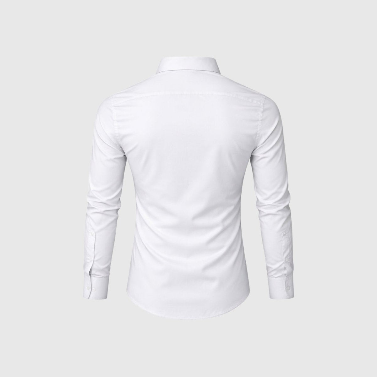 Back flat lay view of Kouvr men's premium white long sleeve shirt detailing curved hem