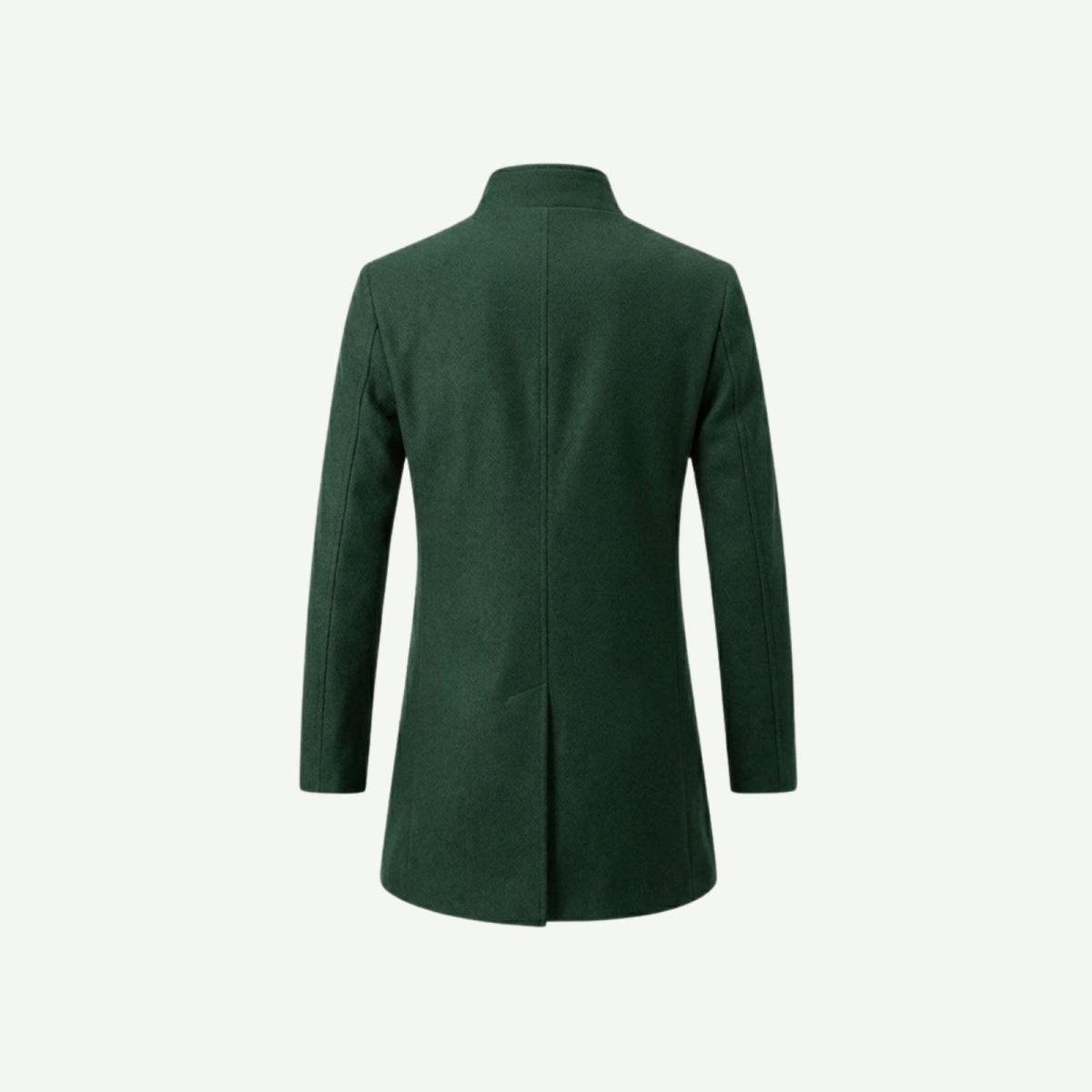 Flat lay of the back of a men's green wool blend car coat, detailing the seam work and single vent construction.
