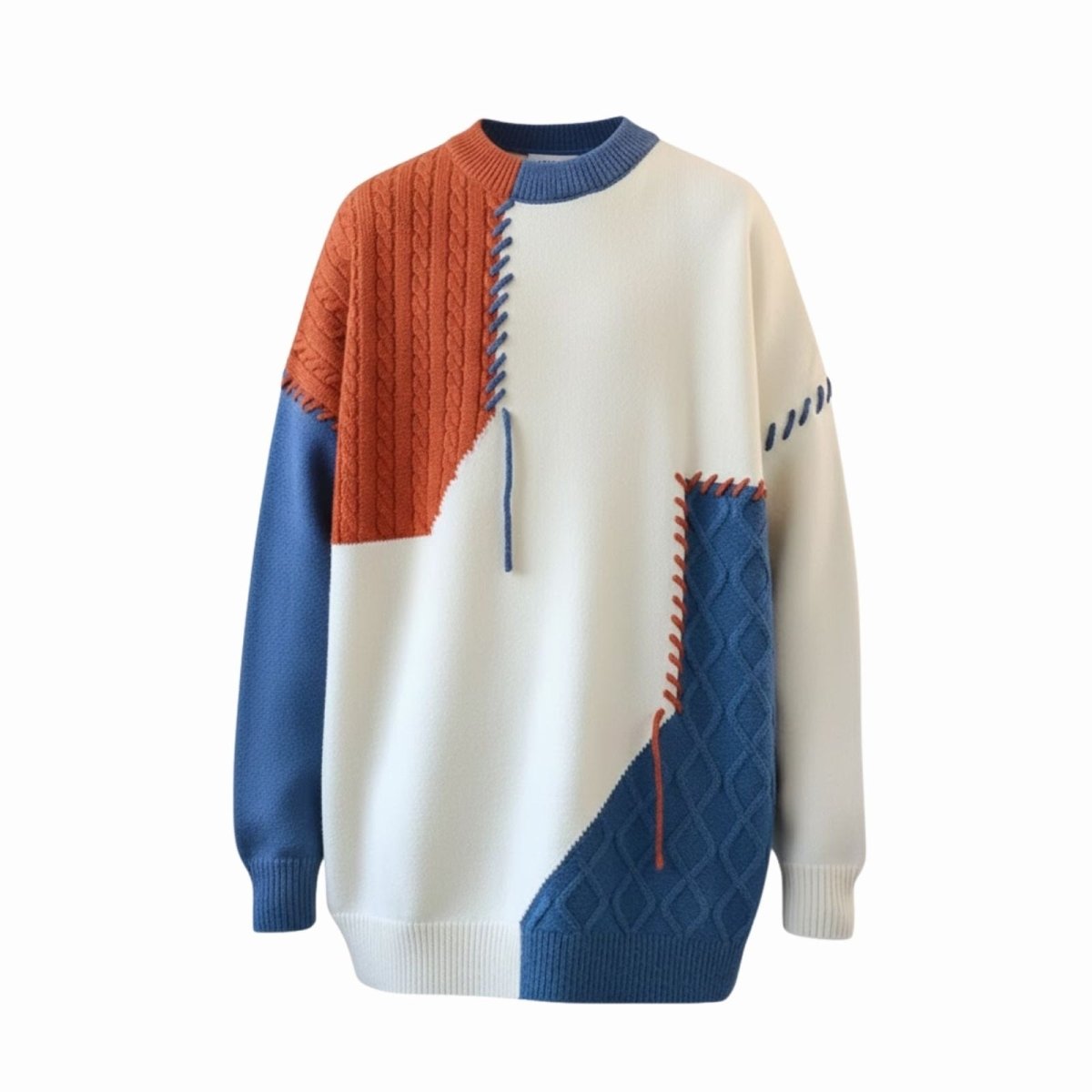 Flatlay studio shot of the Kouvr Miller Patchwork Sweater, showcasing the intricate textures, color-blocking, and exposed stitching details on the front.