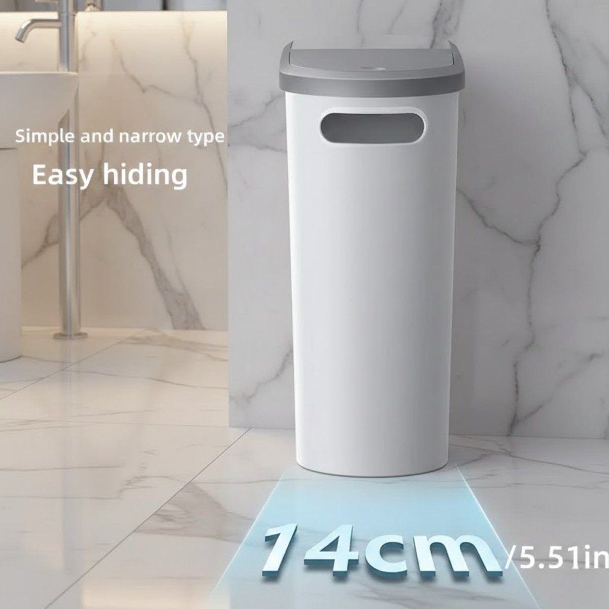 The simple and narrow Kouvr wastebasket standing alone in a bright, modern bathroom to emphasize its slim 14cm profile.