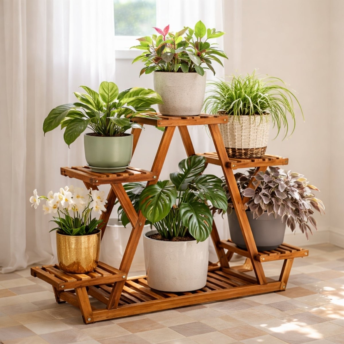 A six-tier A-frame wooden plant stand by Kouvr, elegantly styled with a variety of houseplants like Monstera and orchids in a bright, modern living room.