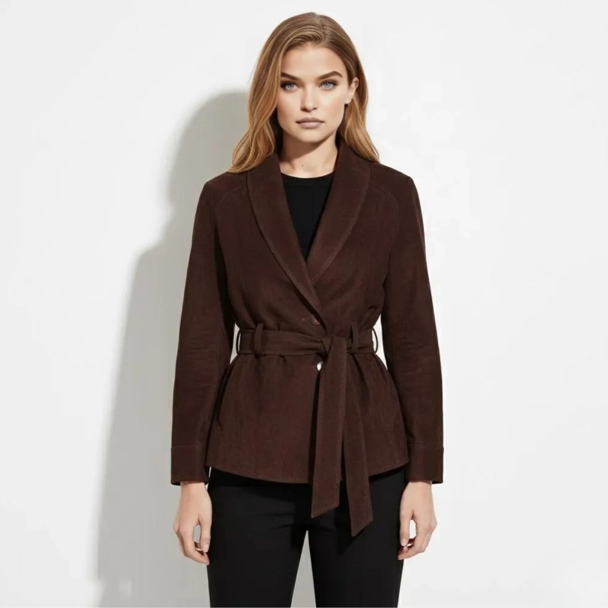Model wearing the Kouvr Mylabelted suede wrap jacket in chocolate brown, tied at the waist, front view.