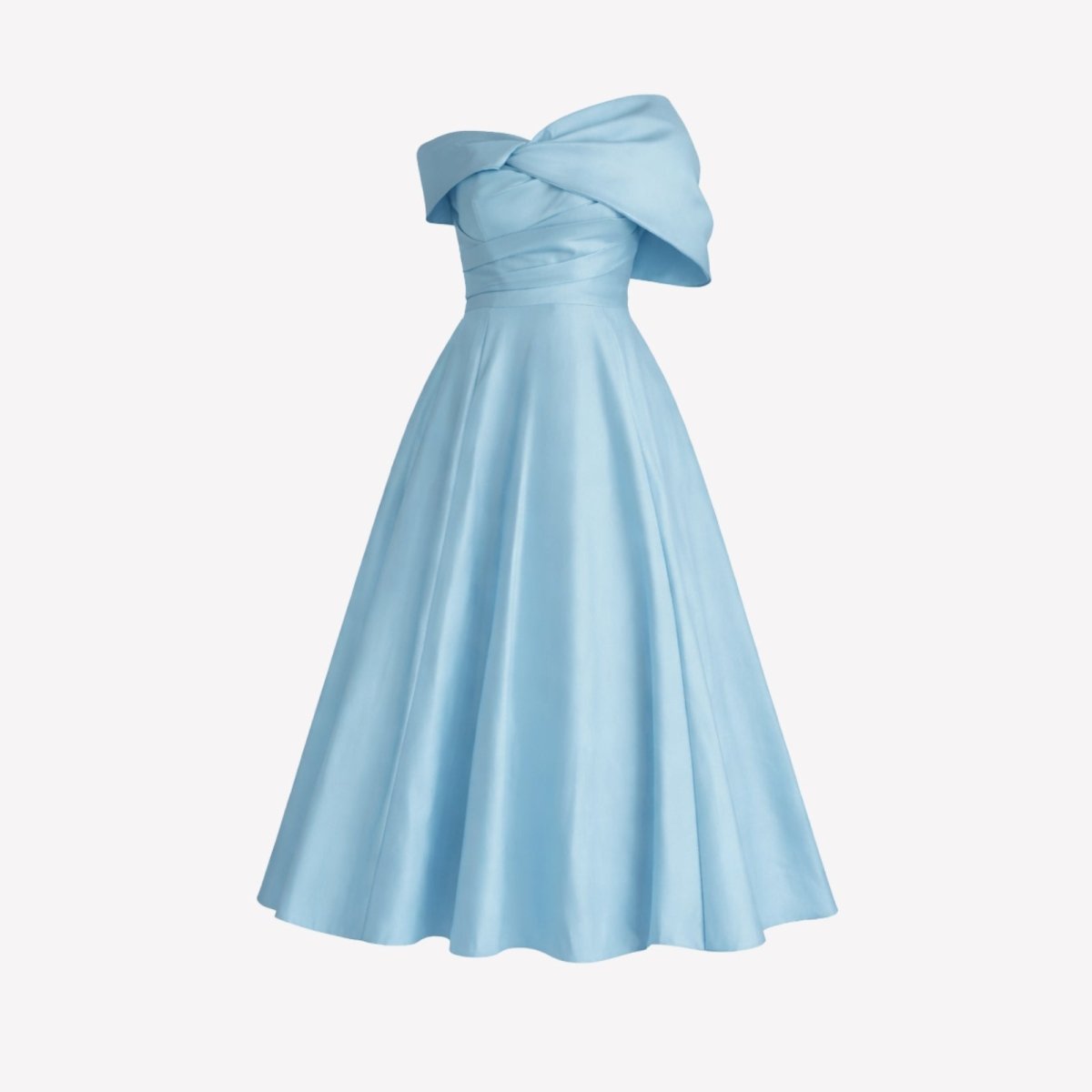 Angled product shot of the Kouvr Nadine light blue off-shoulder dress on a white background, showcasing the satin fabric.