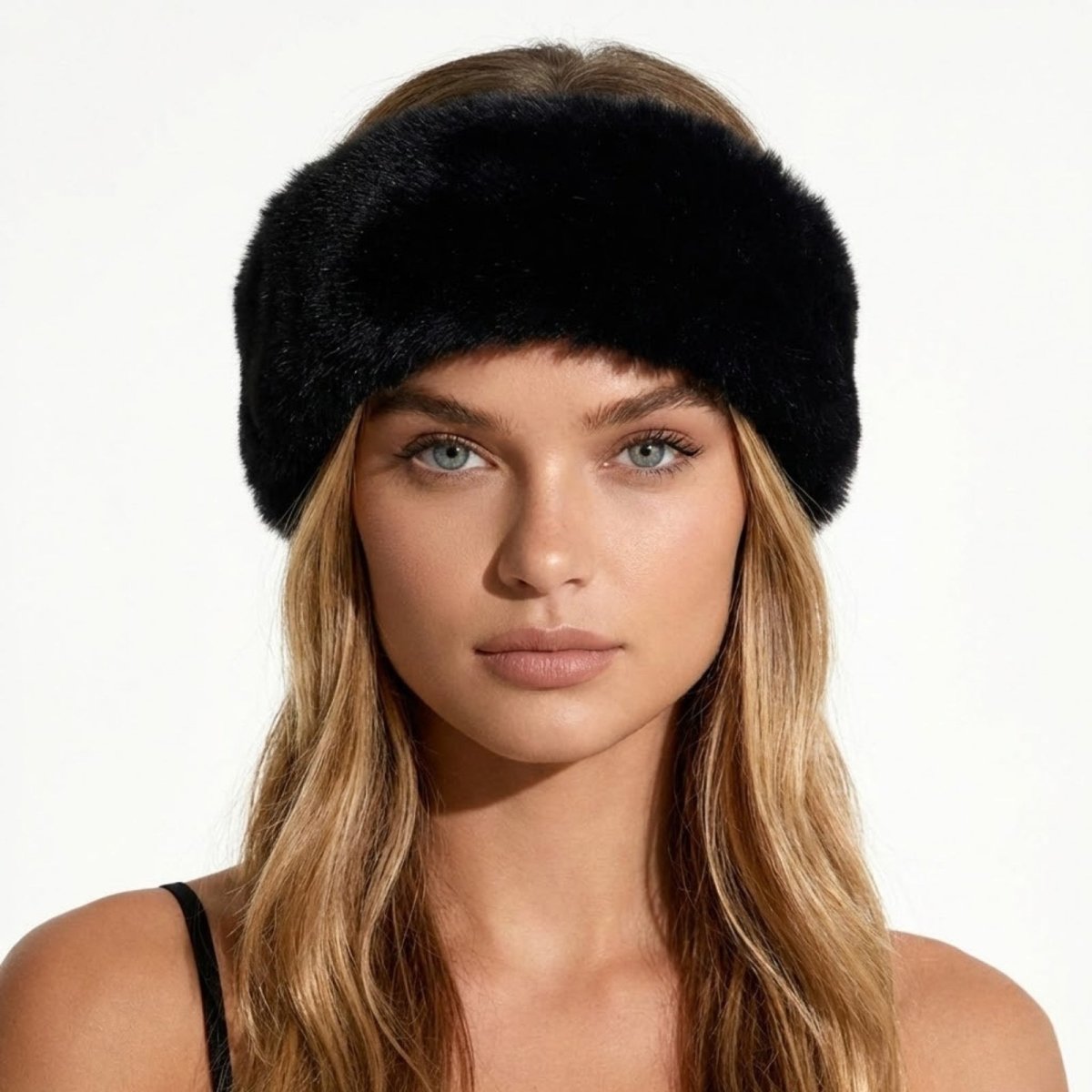 Model looking forward wearing the Kouvr Nancie luxe black faux fur headband.