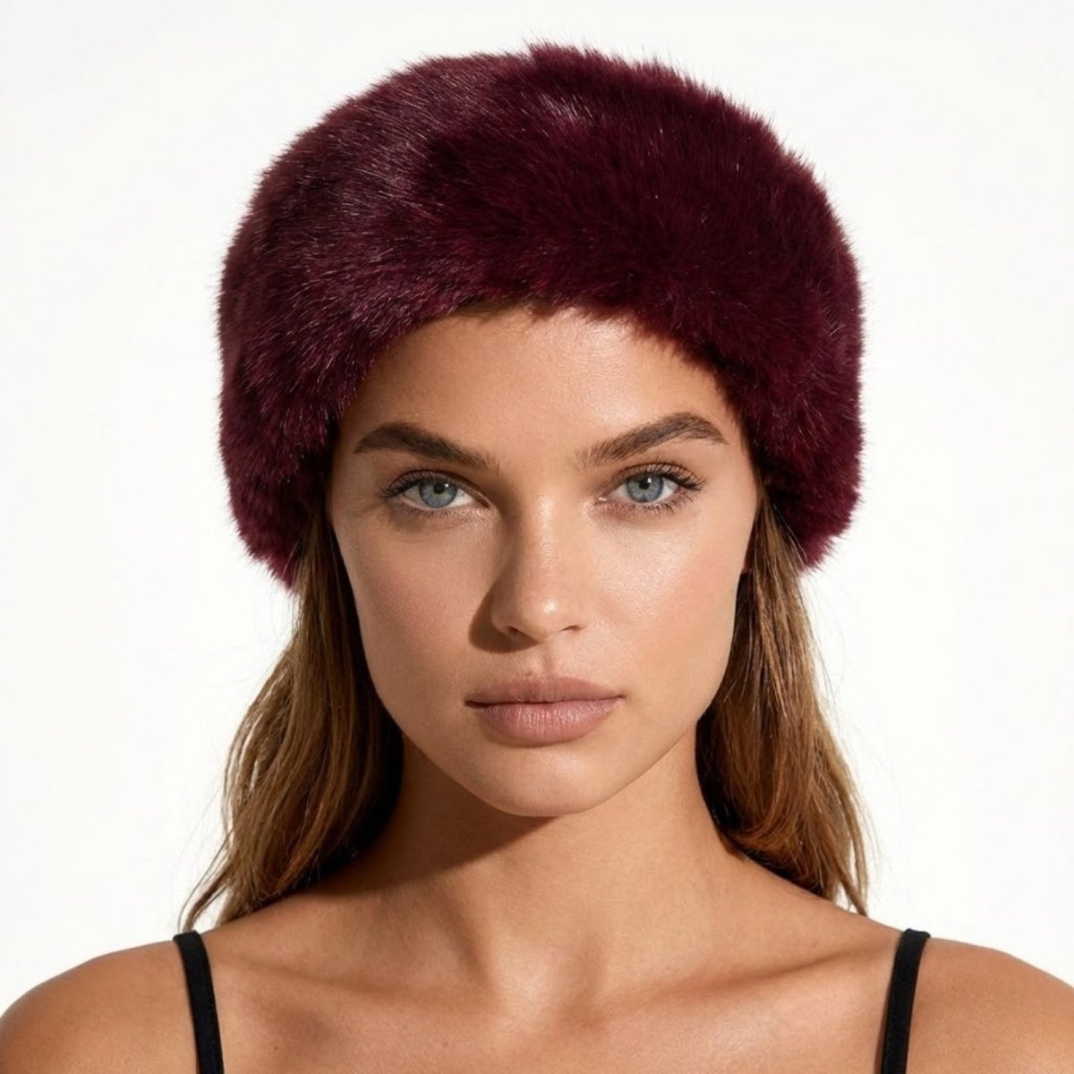 Model looking forward wearing the Kouvr Nancie luxe burgundy faux fur headband.