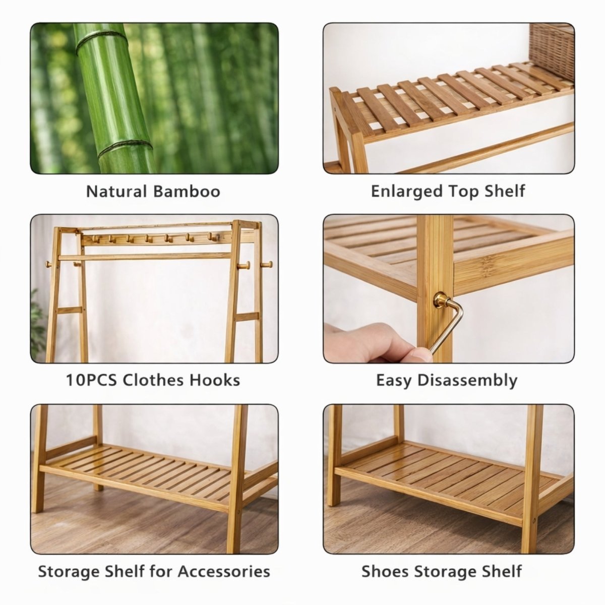 A collage of feature close-ups for the Kouvr clothes stand, highlighting the natural bamboo material, the enlarged top shelf, the ten clothes hooks, and the shoe storage shelf.