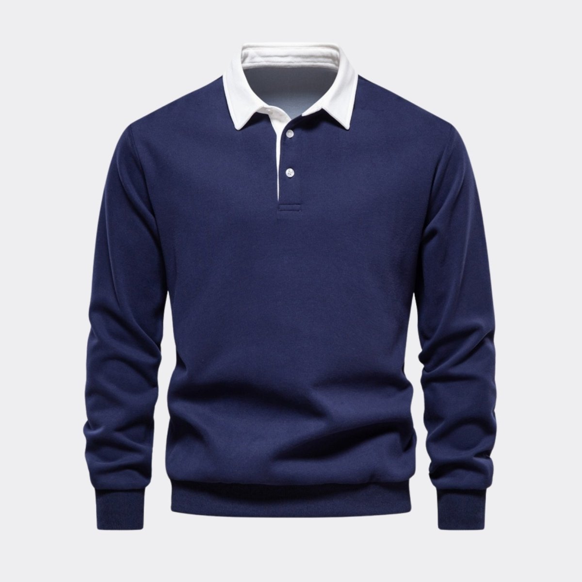 Product shot of the Kouvr navy long sleeve polo sweater, laid flat to show the texture of the knit, three-button placket, and white collar.
