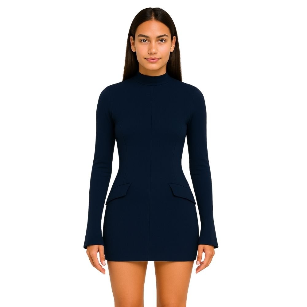 Navy Mock Neck Mini Dress with Bell Sleeves | Structured Long Sleeve Bodycon Cocktail Dress with Pockets for Women