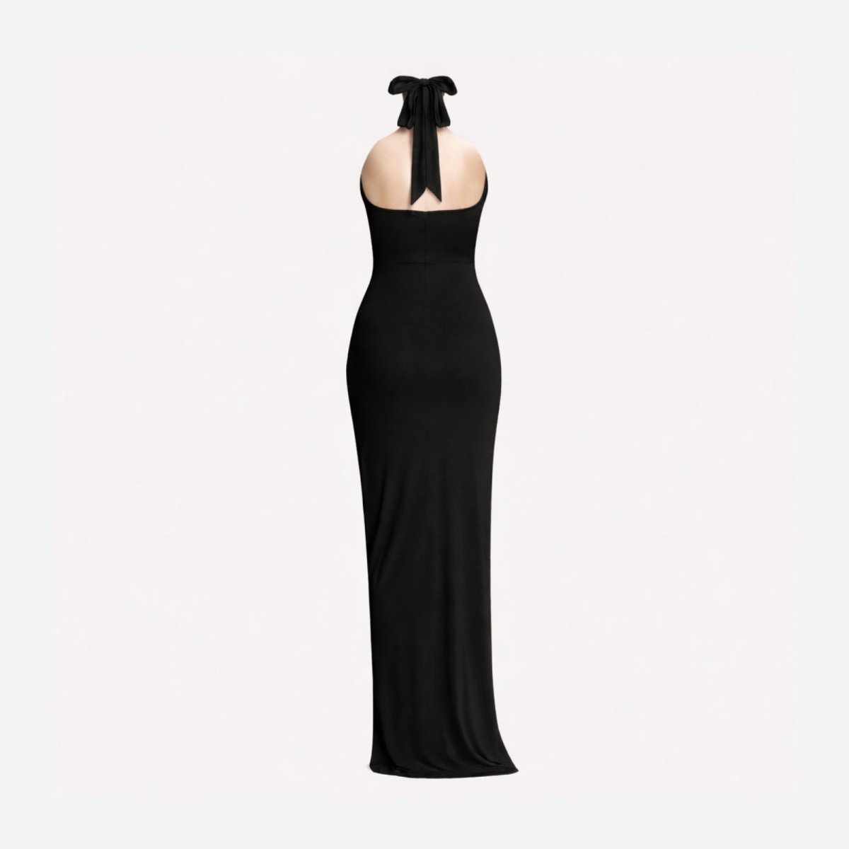 Back view product shot of the Nina black halter gown showcasing the adjustable neck tie.