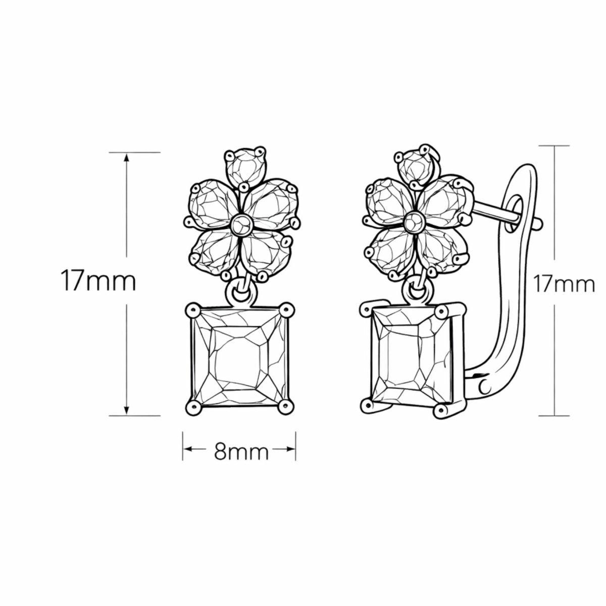 Technical drawing of the Kouvr Octivia earrings showing a total length of 17mm and an 8mm width for the square amethyst stone.