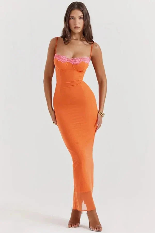 Orange Corset Midi Dress | Bodycon Bustier Slip Dress with Lace-Up Back for Summer Vacation & Date Night