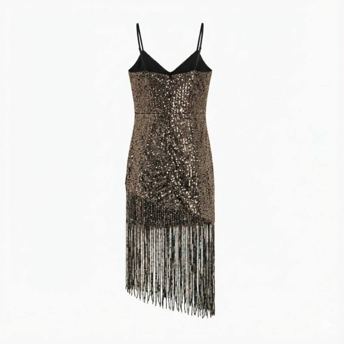 Back view flat lay of a black silver metallic sequin dress showcasing the spaghetti straps and full asymmetric tassel hem.