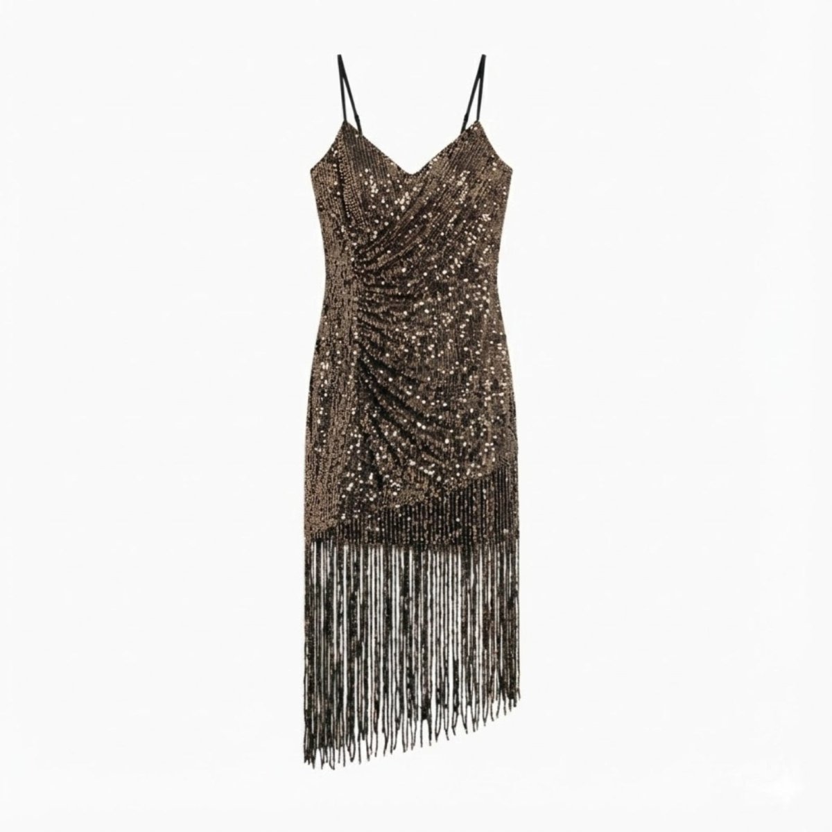Flat lay product shot of a black silver sequin cocktail dress with a V-neckline and long asymmetric beaded fringe.