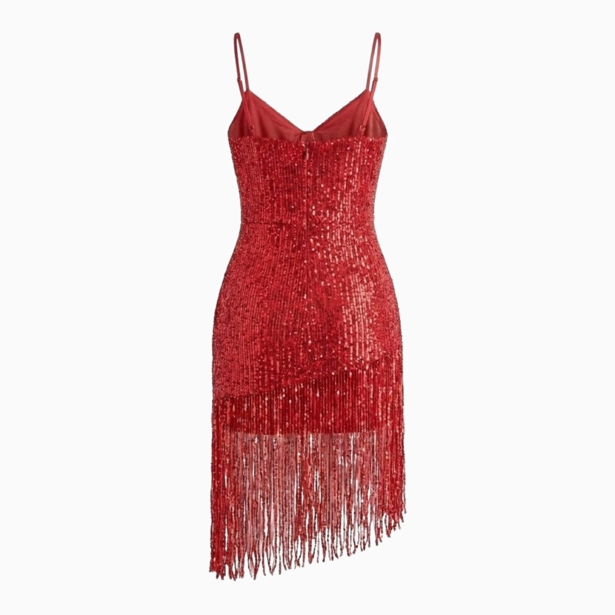 Flat lay of the back of the Kouvr Phaedra red sequin dress, displaying the full coverage of sequins and the silk-blend lining visible at the top.