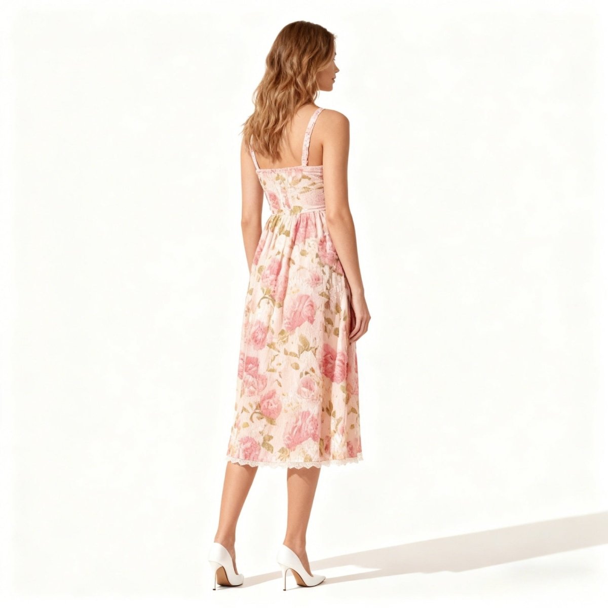 Back view of the Kouvr Fashion pink dress highlighting the smocked back panel and delicate lace shoulder.