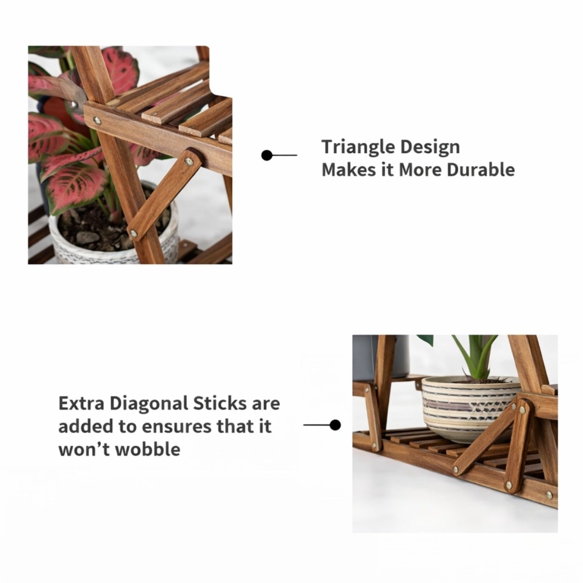 Close-up feature callouts of the Kouvr plant stand highlighting its durable triangle design and extra diagonal sticks for wobble-free stability.