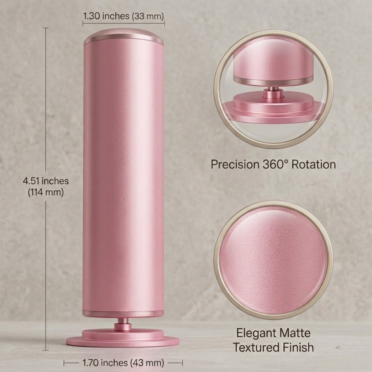 Product dimensions for Kouvr electric foot file featuring 360-degree rotation and elegant matte textured finish details.