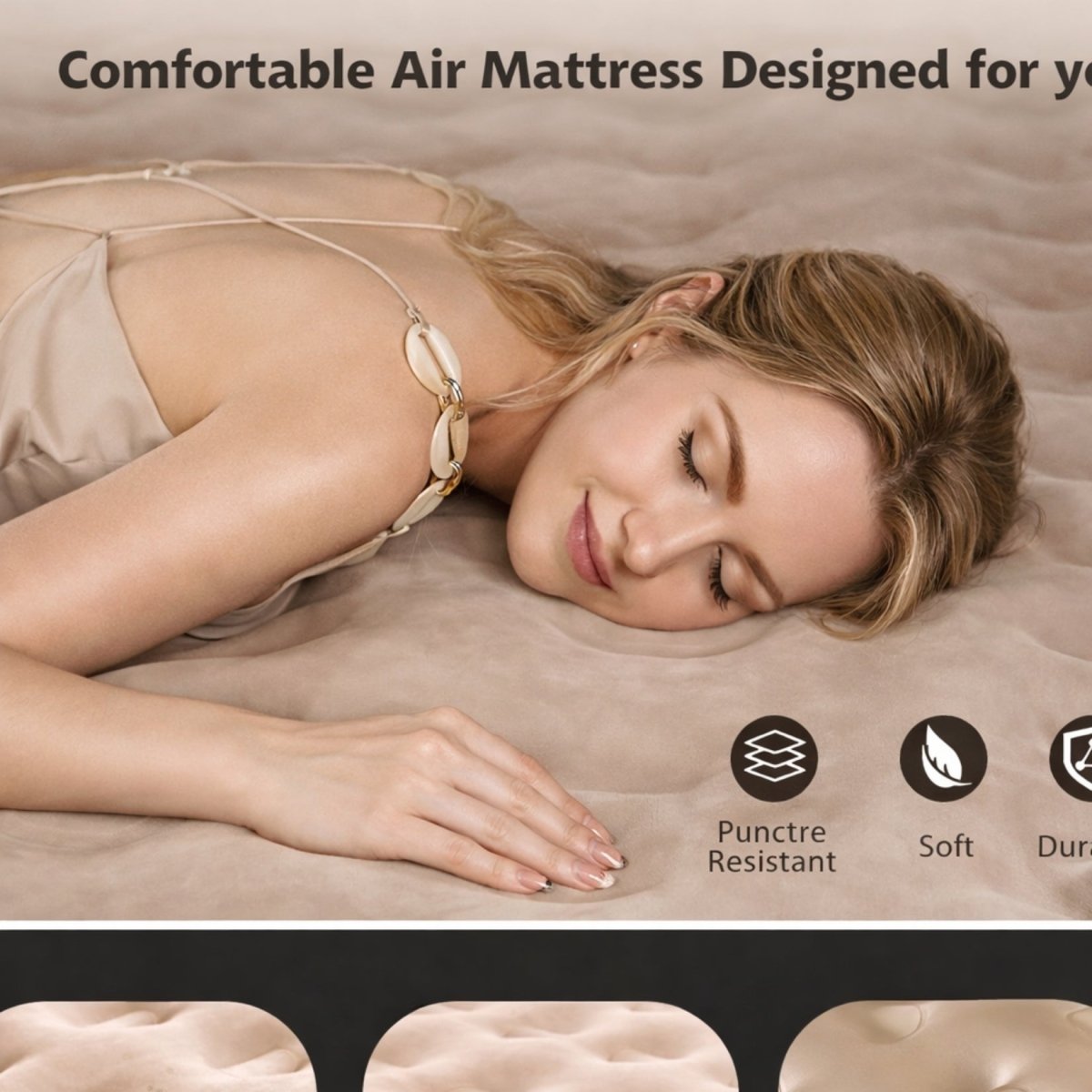 Close up of a woman sleeping peacefully to demonstrate the soft, puncture-resistant, and durable surface of the Kouvr air bed.