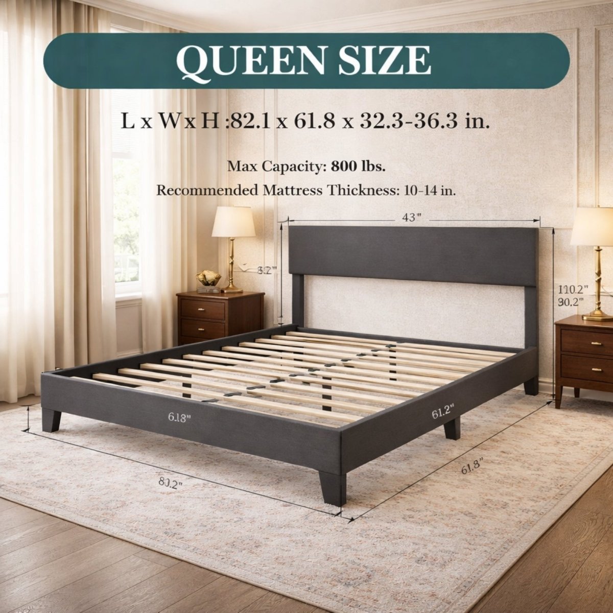 Queen size Kouvr upholstered platform bed in dark grey, with detailed product dimensions for length, width, and adjustable headboard height.