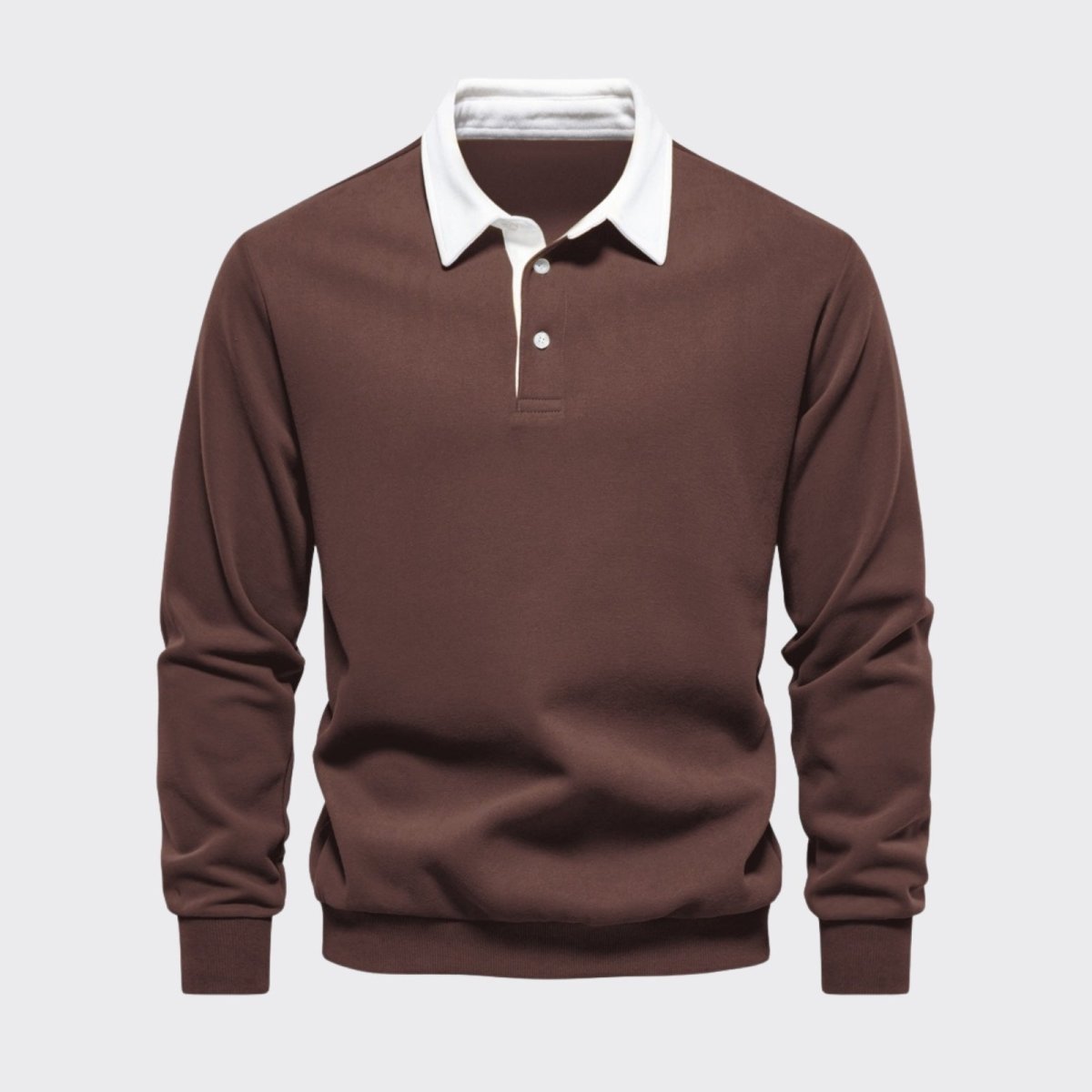Product-only shot of the Kouvr dark brown long sleeve polo sweater, laid flat to show the white collar, two-button placket, and knit texture.