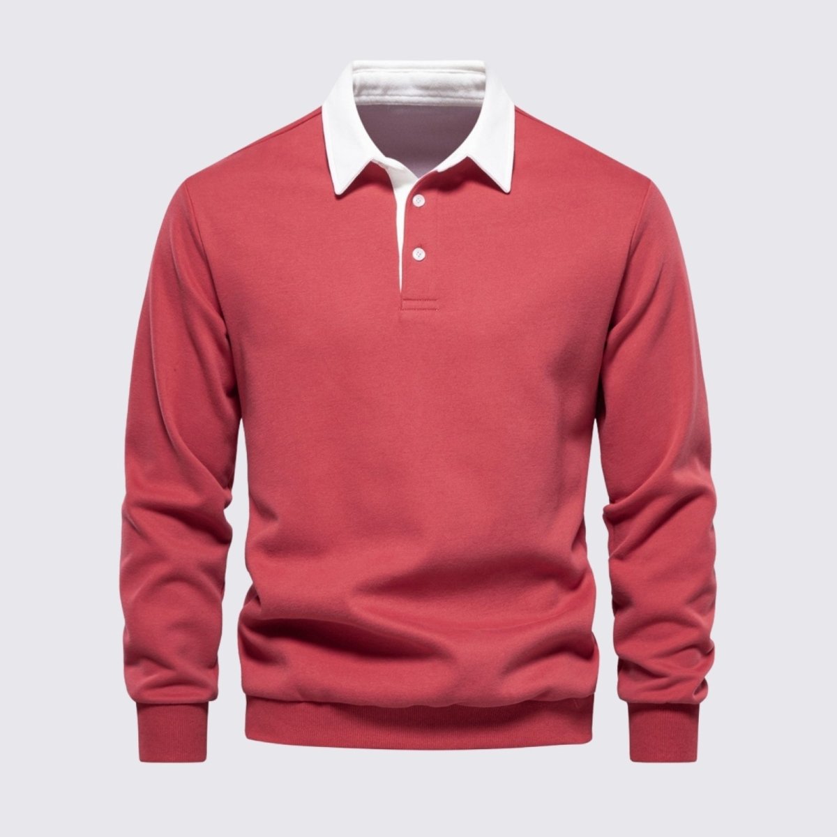 Front view flat lay of the Kouvr Rhodes long sleeve polo sweater in rosewood red with a white contrast collar.