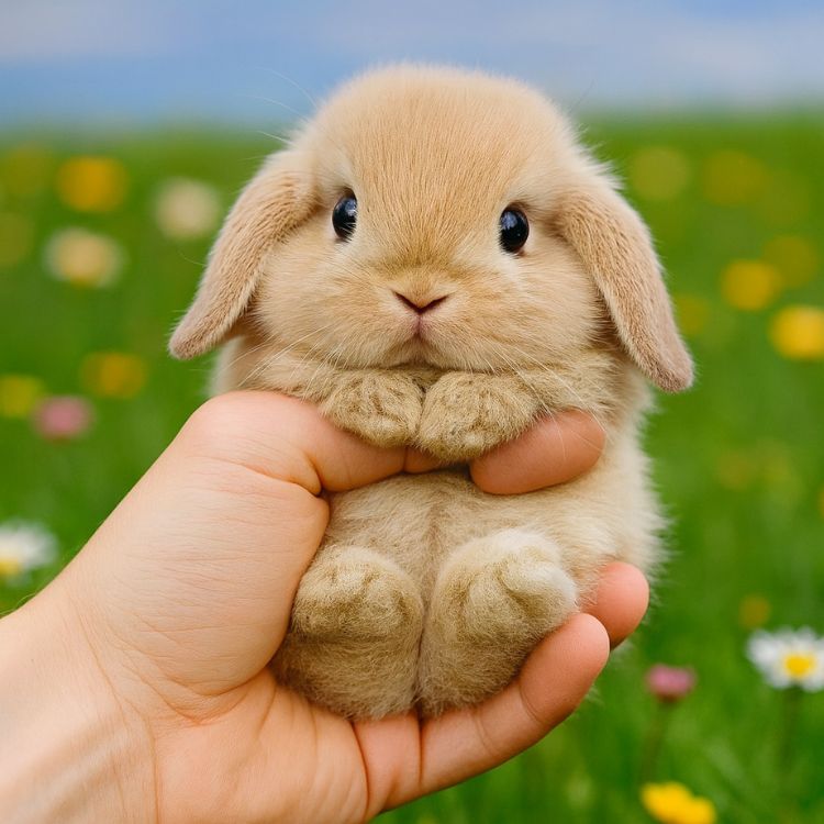 A small, fluffy, lifelike golden-yellow interactive robot bunny toy from Kouvr held gently in a person's hands in front of a green field with flowers being held