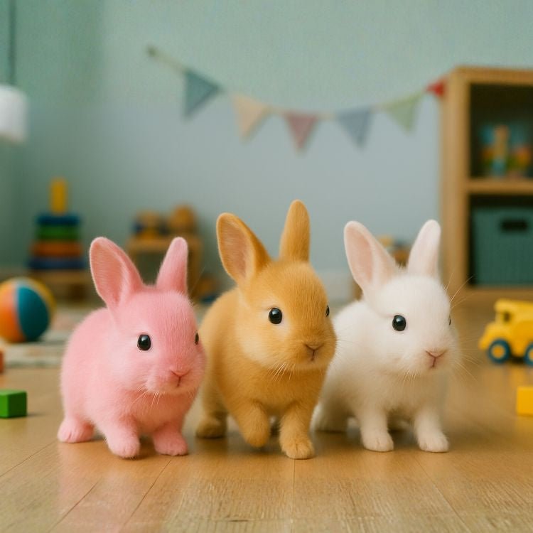 Three Kouvr interactive robot bunnies—one pink, one golden-yellow, and one white—lined up on a wooden floor in a child's playroom.